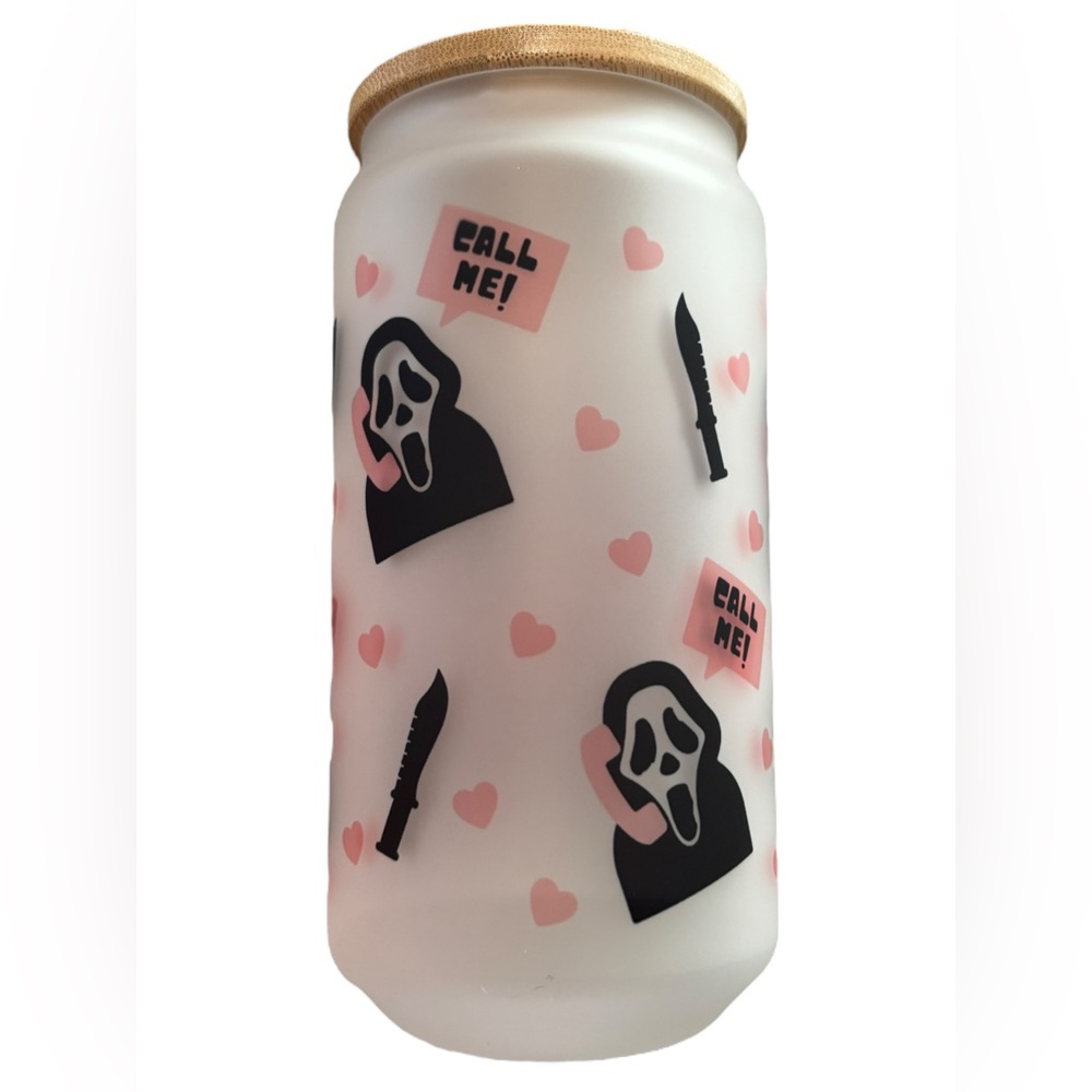 Scream Themed Handcrafted 16 Oz Glass Can Tumbler with Straw and Bamboo Lid